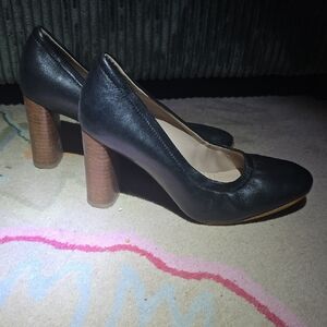 Clarks Black Leather Heels with Brown Wooden Heel